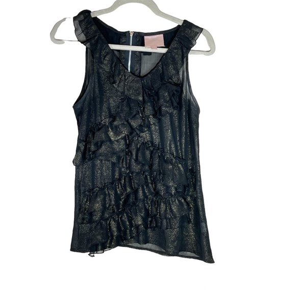 Romeo and Juliet Couture Sheer Sleeveless Blouse Ruffles Black Gold Shimmer Sz S - Picture 1 of 8